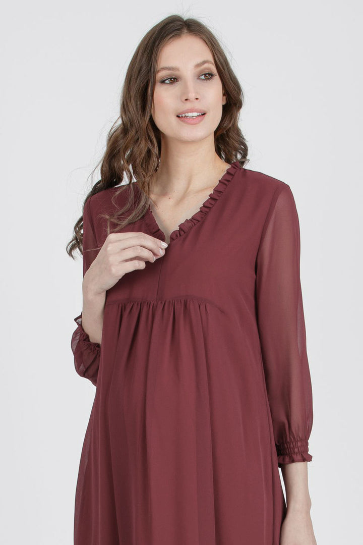 Diana Chiffon Maternity Nursing Dress in Merlot