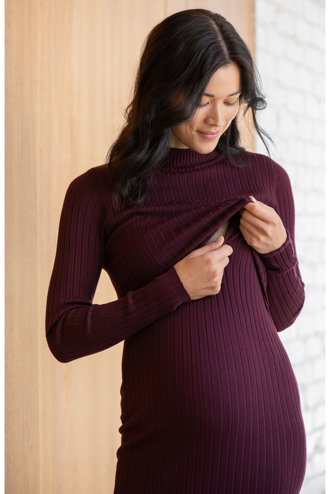 Nella Rib Maternity Nursing Knit Dress in Maroon