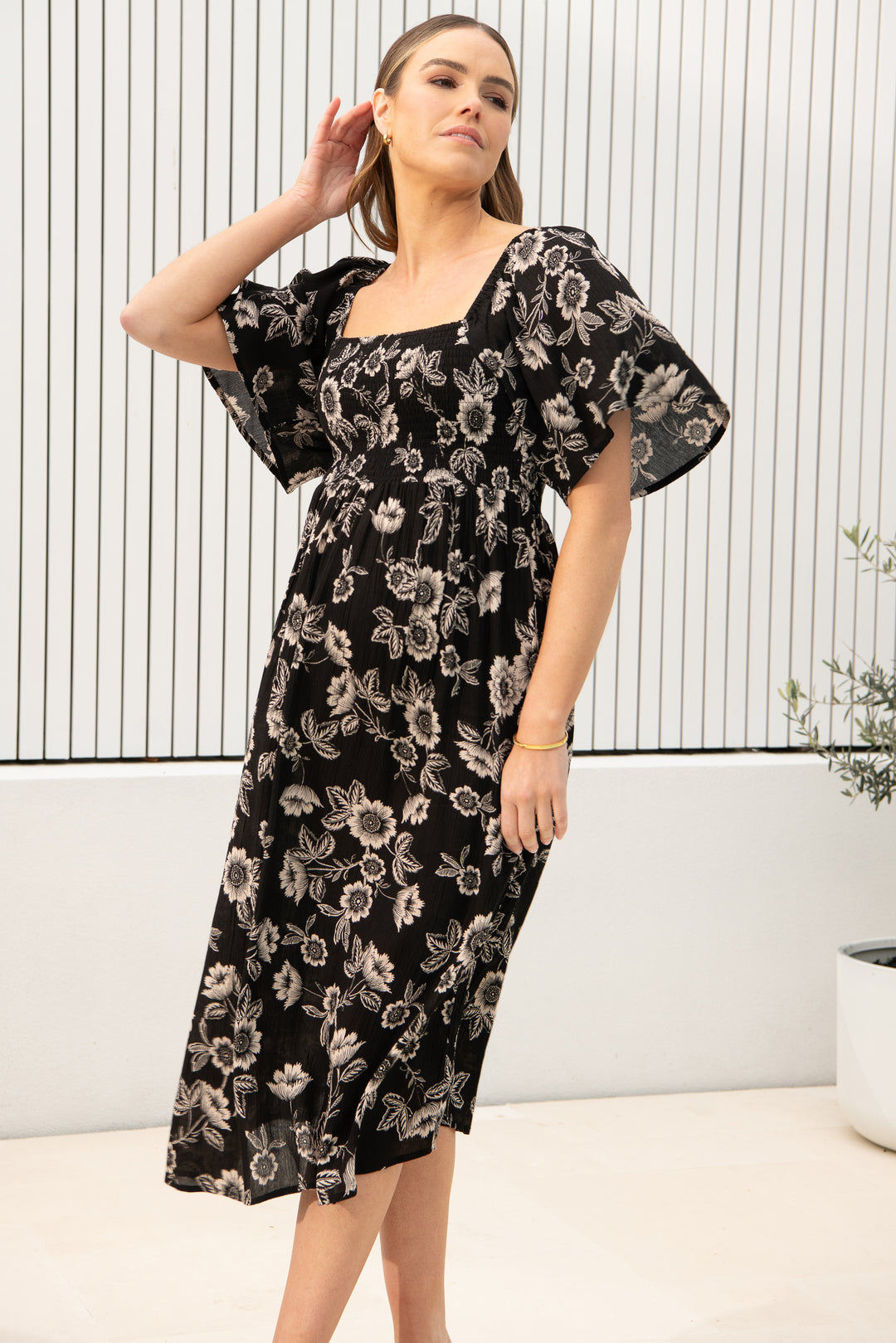 Trina Shirred  Maternity & Nursing Dress Black / Natural