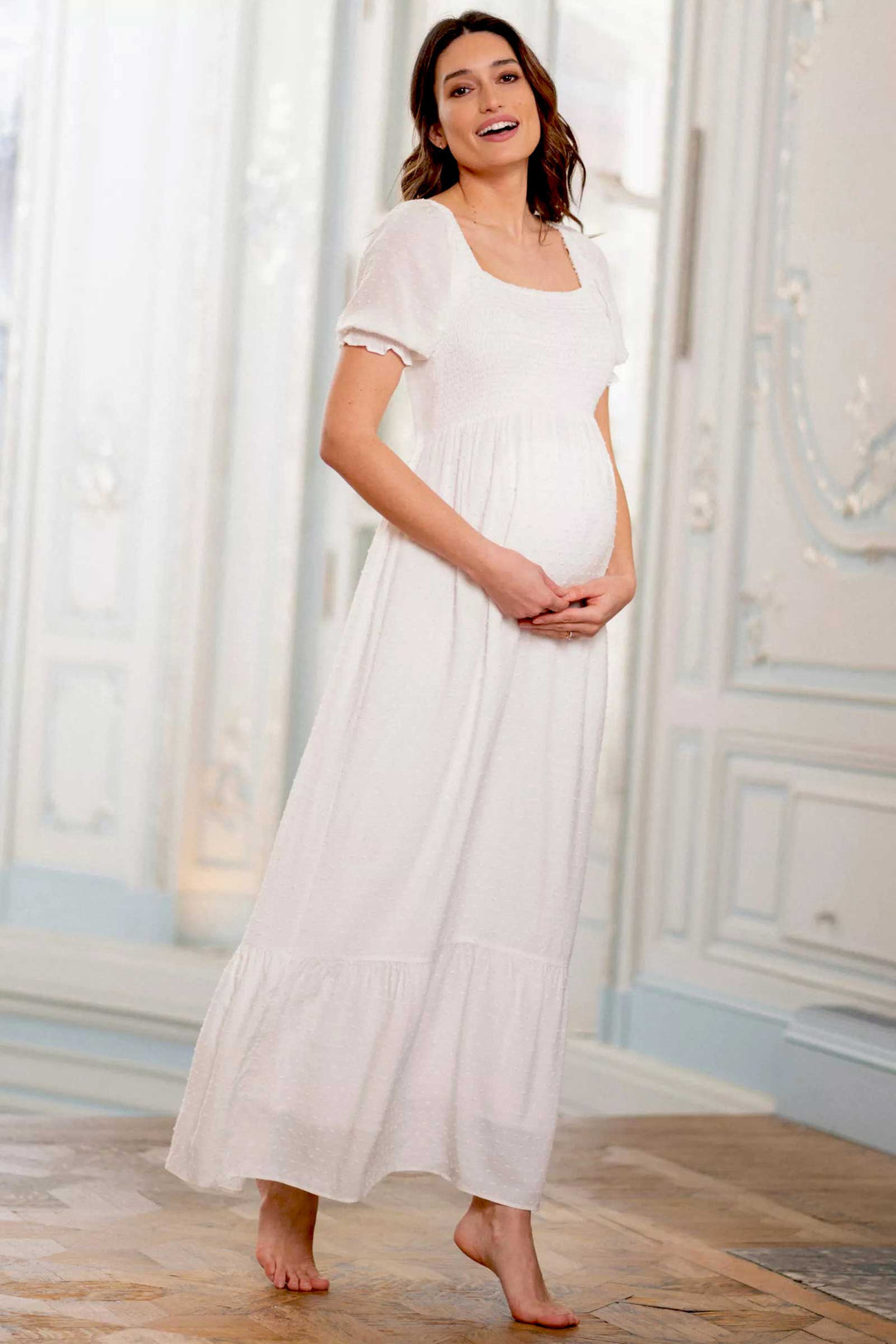 Carolina White Gender Reveal Maternity Maxi Dress