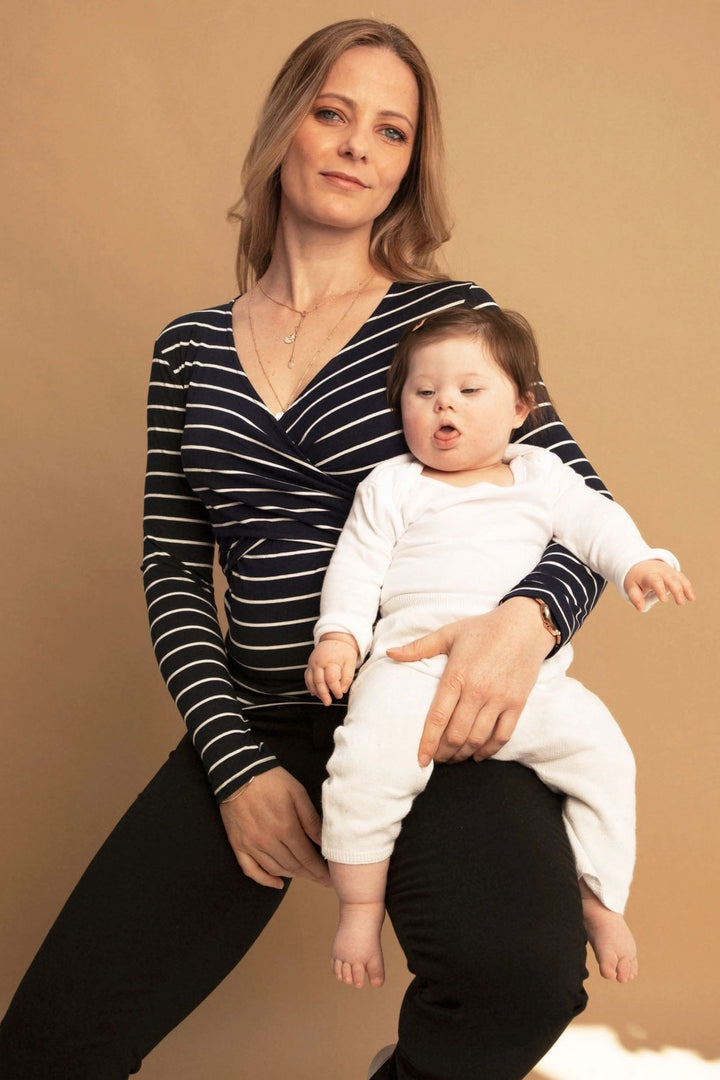 Fiona Long Sleeve Maternity & Nursing Top in  Navy White Stripe Ecovero