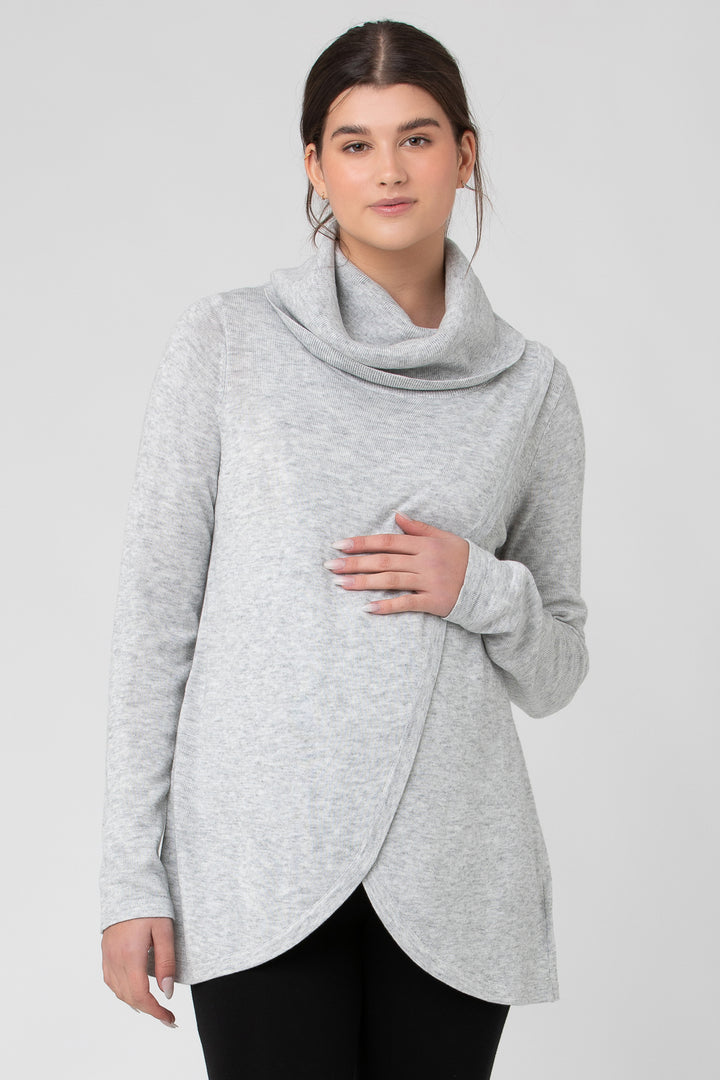 Cowl Neck Maternity Nursing Knit in Heather Grey