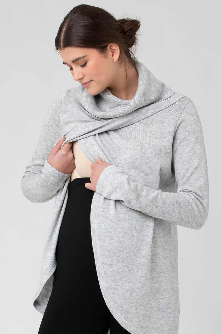 Cowl Neck Maternity Nursing Knit in Heather Grey