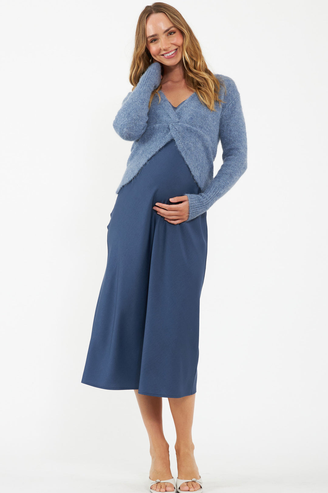 Nala Knot Front  Maternity Crop Sweater in Denim Marl