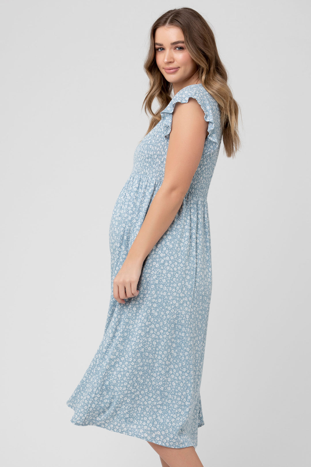 Ava Shirred Maternity Dress Blue/ White