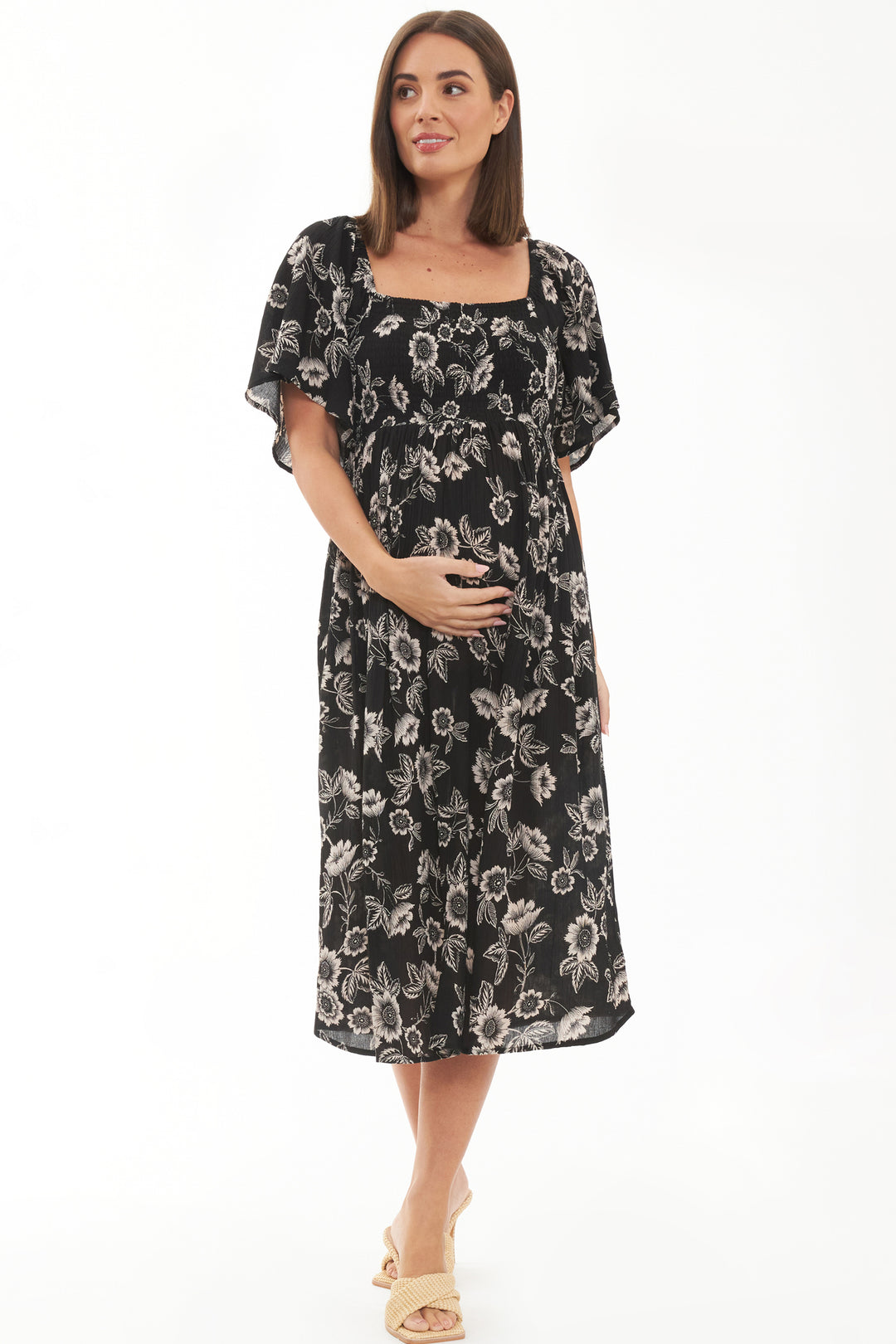 Trina Shirred  Maternity & Nursing Dress Black / Natural