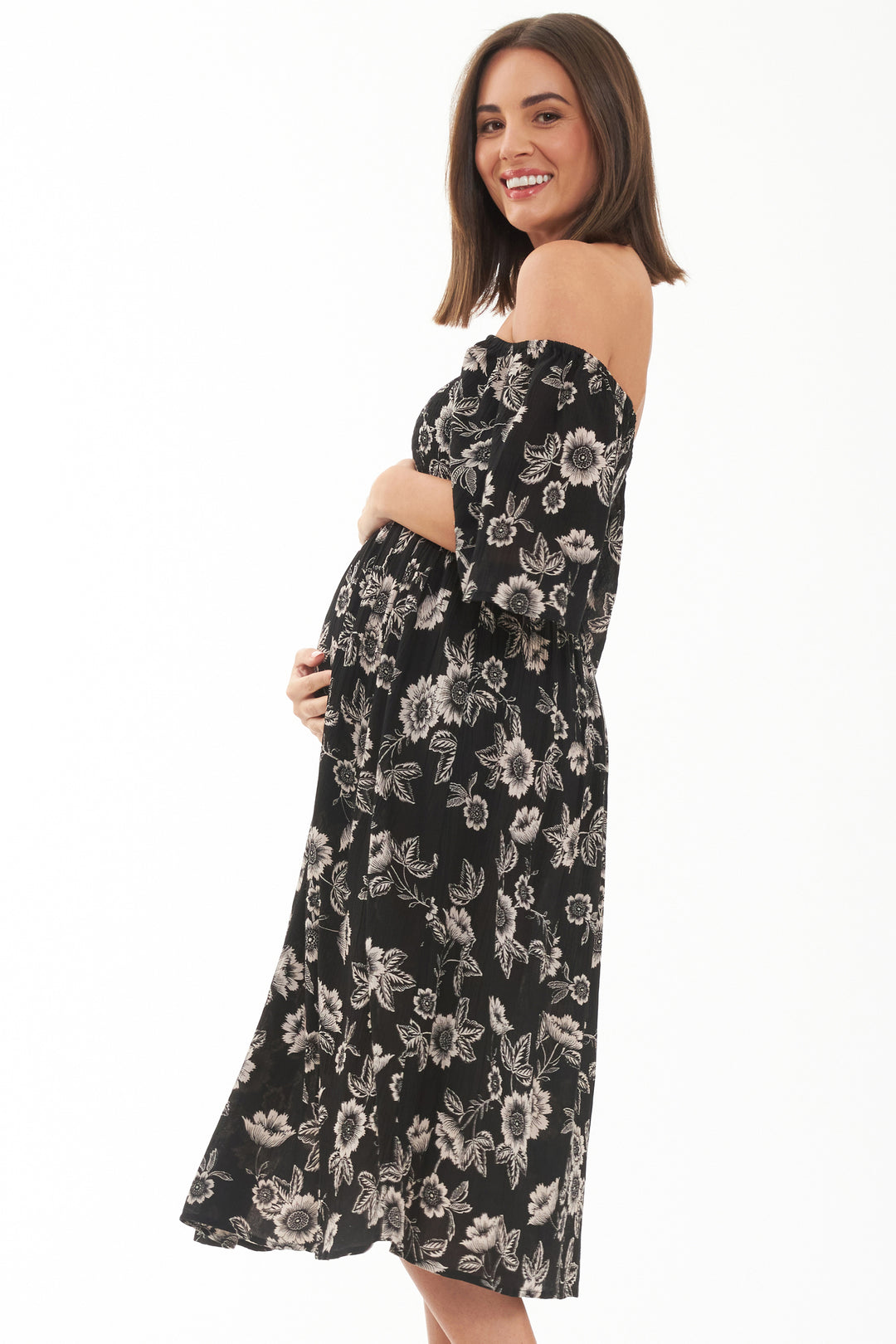 Trina Shirred  Maternity & Nursing Dress Black / Natural