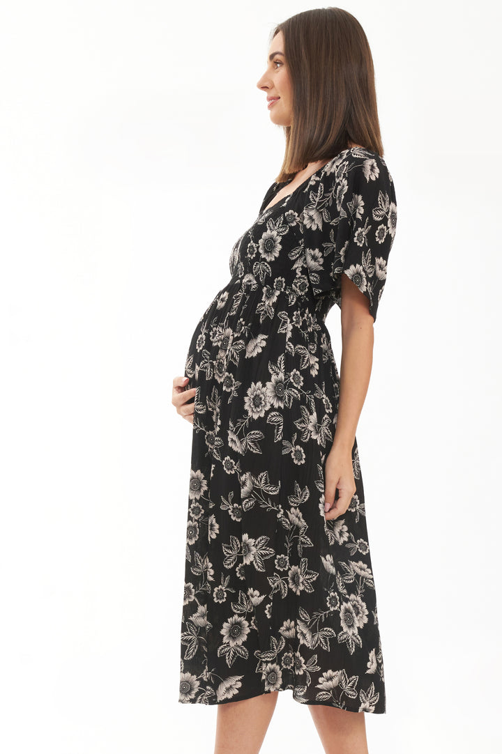 Trina Shirred  Maternity & Nursing Dress Black / Ecru