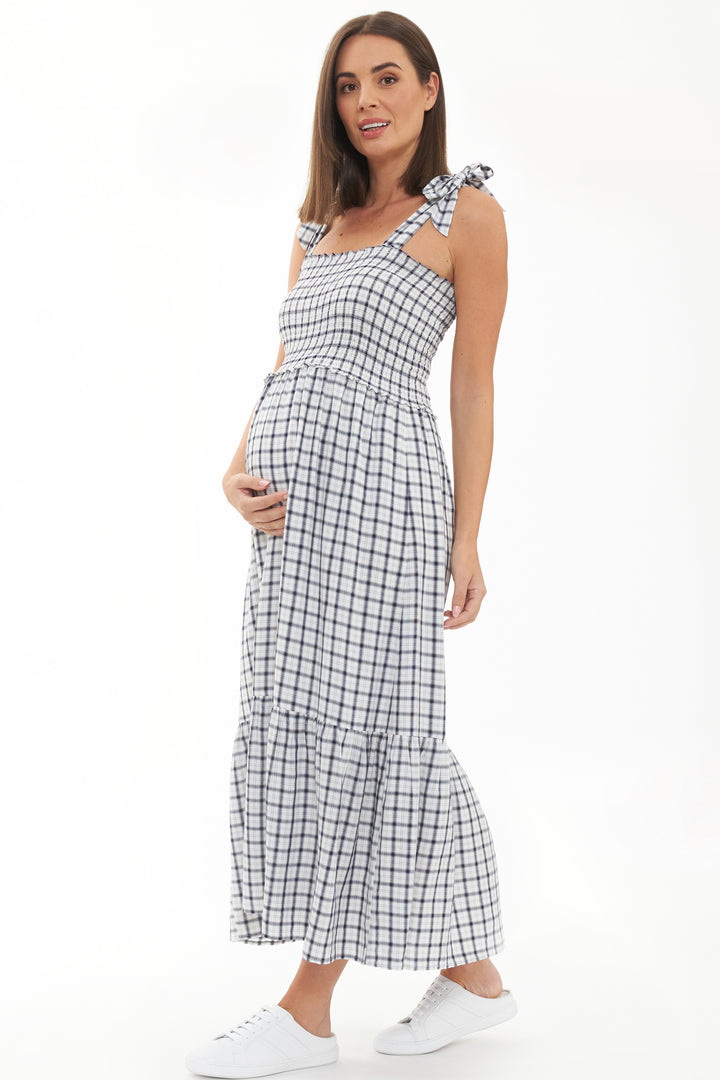 Phoebe Smocked Maternity and Nursing Dress White / Navy