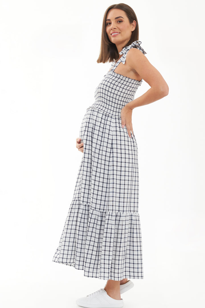 Phoebe Smocked Maternity and Nursing Dress White / Navy