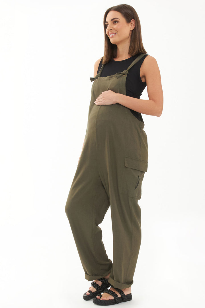 Cargo Pocket Linen Jumpsuit Olive