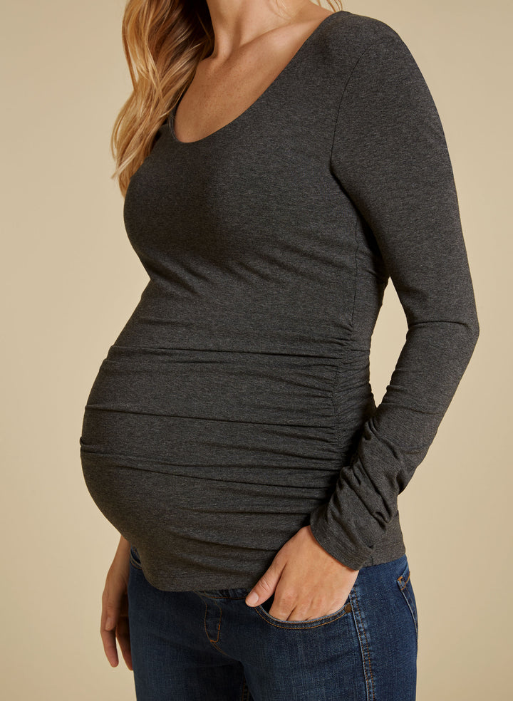 Ruched Scoop Maternity Top in Charcoal Melange
