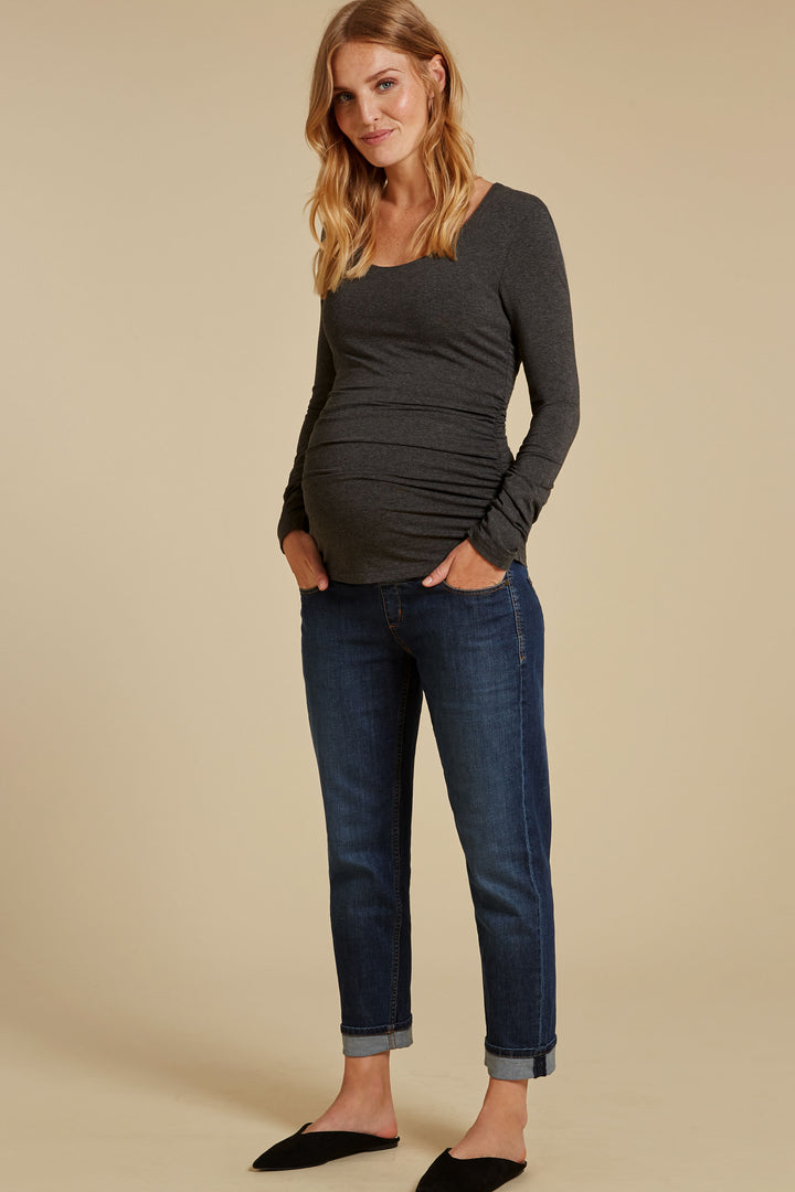 Ruched Scoop Maternity Top in Charcoal Melange