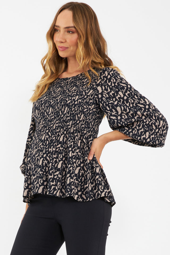 Izzie Shirred Top Navy / Mocha