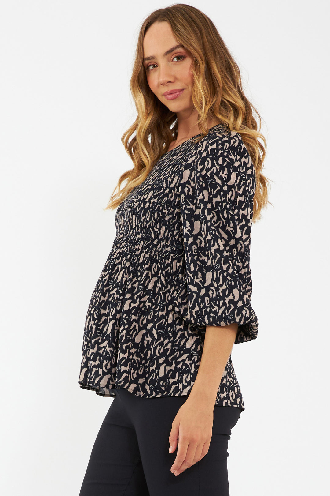 Izzie Shirred Top Navy / Mocha