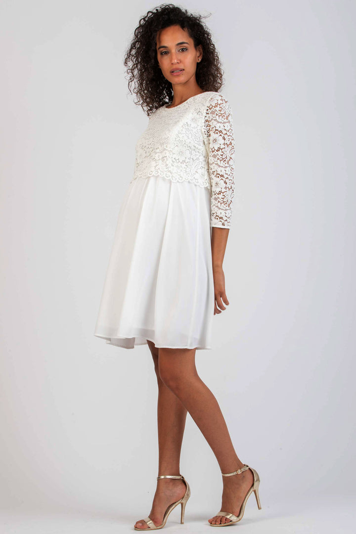 Ava Lace & Chiffon Maternity Nursing Dress In Pearl