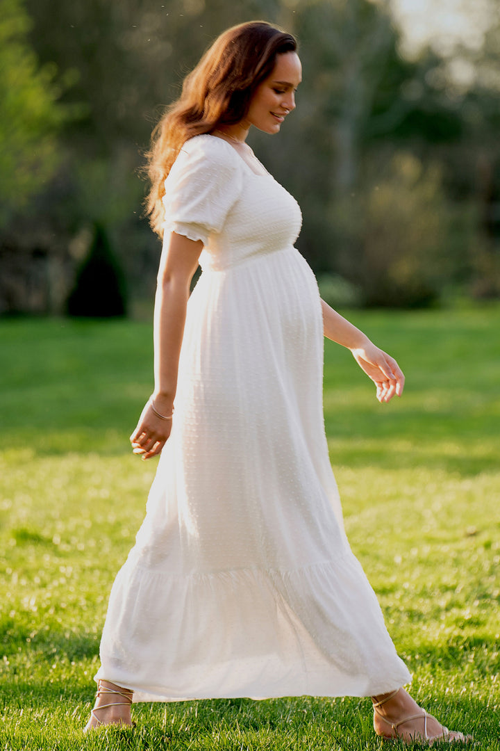 Carolina White Gender Reveal Maternity Maxi Dress