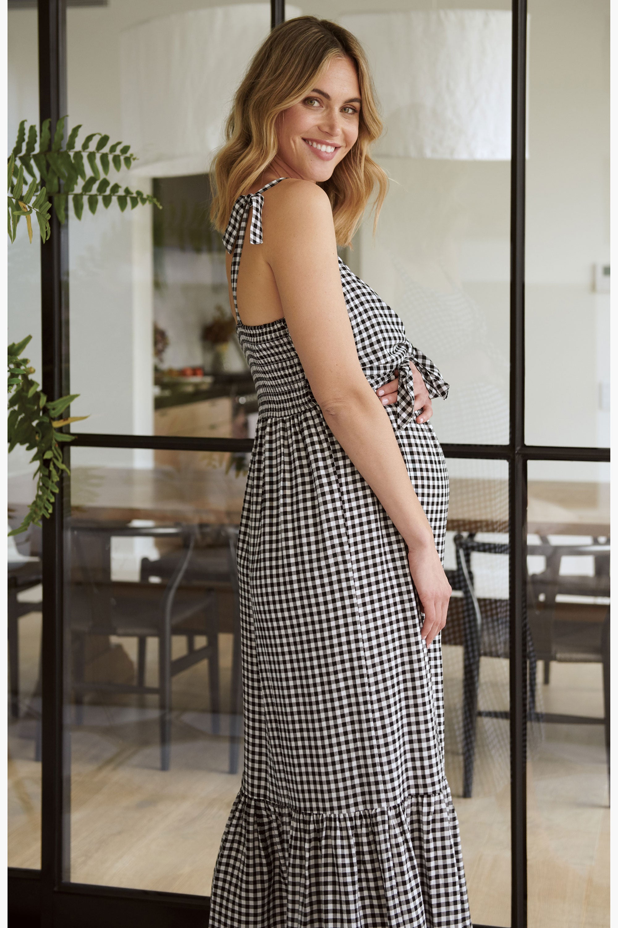 Gingham Maternity Nursing Sun Dress Black White Small