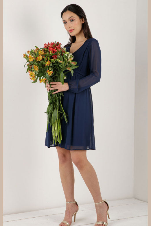 SARA Maternity & Nursing Dress in Navy Chiffon