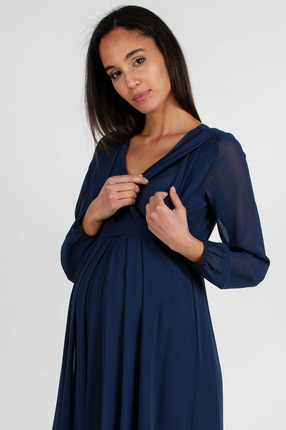 SARA Maternity & Nursing Dress in Navy Chiffon