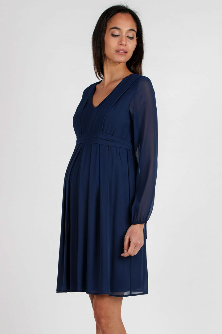 SARA Maternity & Nursing Dress in Navy Chiffon