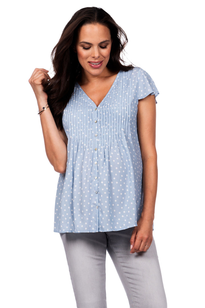 Seraphine Claudia Blue Dot Flutter Sleeve Maternity & Nursing Blouse - Seven Women Maternity