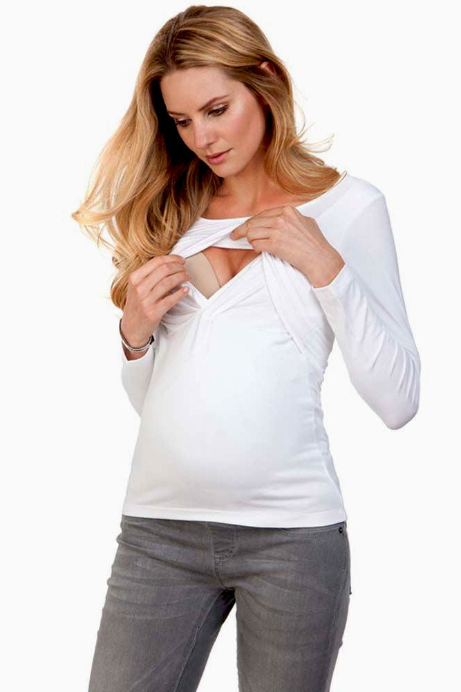 Laina White Bamboo Long Sleeve Maternity & Nursing Tee Seraphine