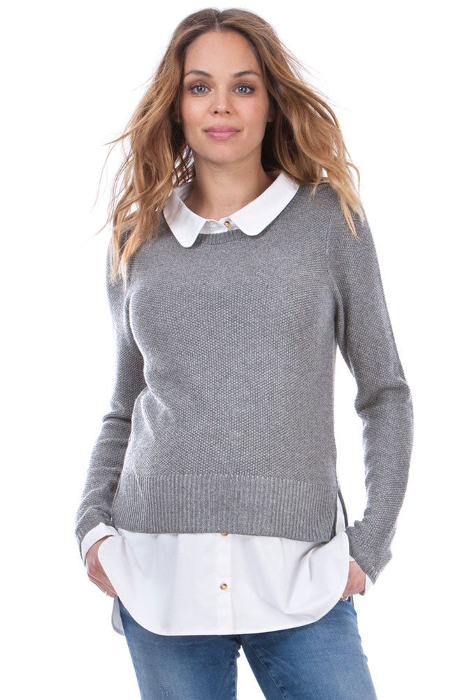 Seraphine Marianne Grey Mock Shirt Maternity & Nursing sweater - Seven Women Maternity