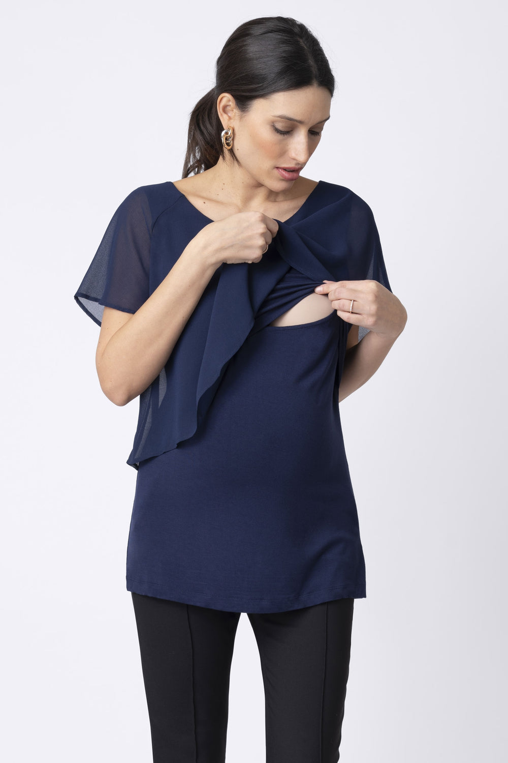 Seraphine Meredith Navy Blue Asymmetric Flutter Maternity & Nursing Top - Seven Women Maternity