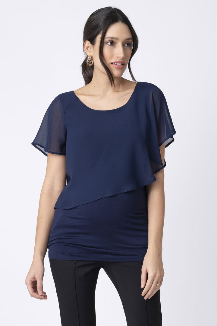 Seraphine Meredith Navy Blue Asymmetric Flutter Maternity & Nursing Top - Seven Women Maternity